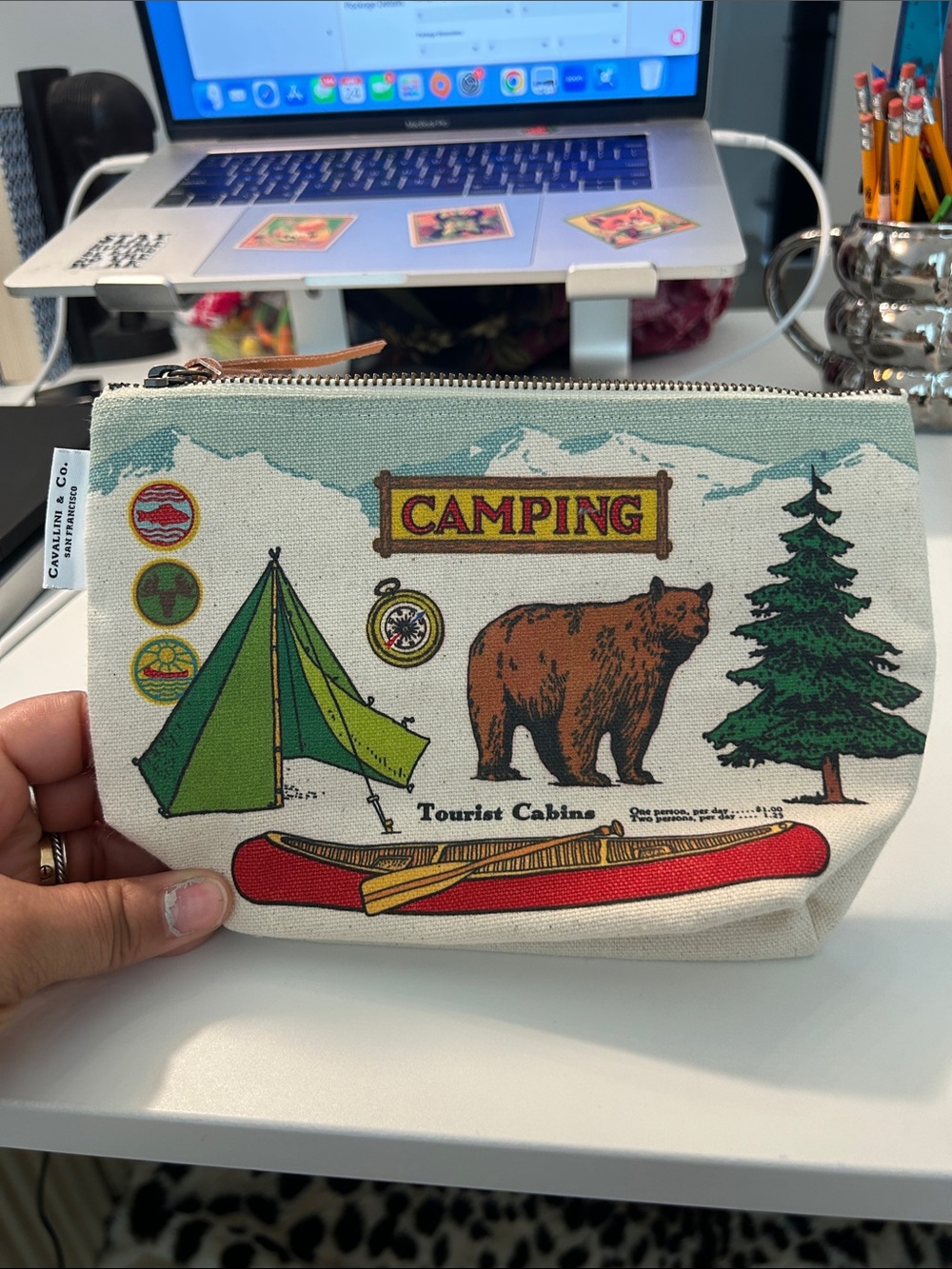 Camping Graphic Canvas Cosmetic Pouch - Cream with Green & Red